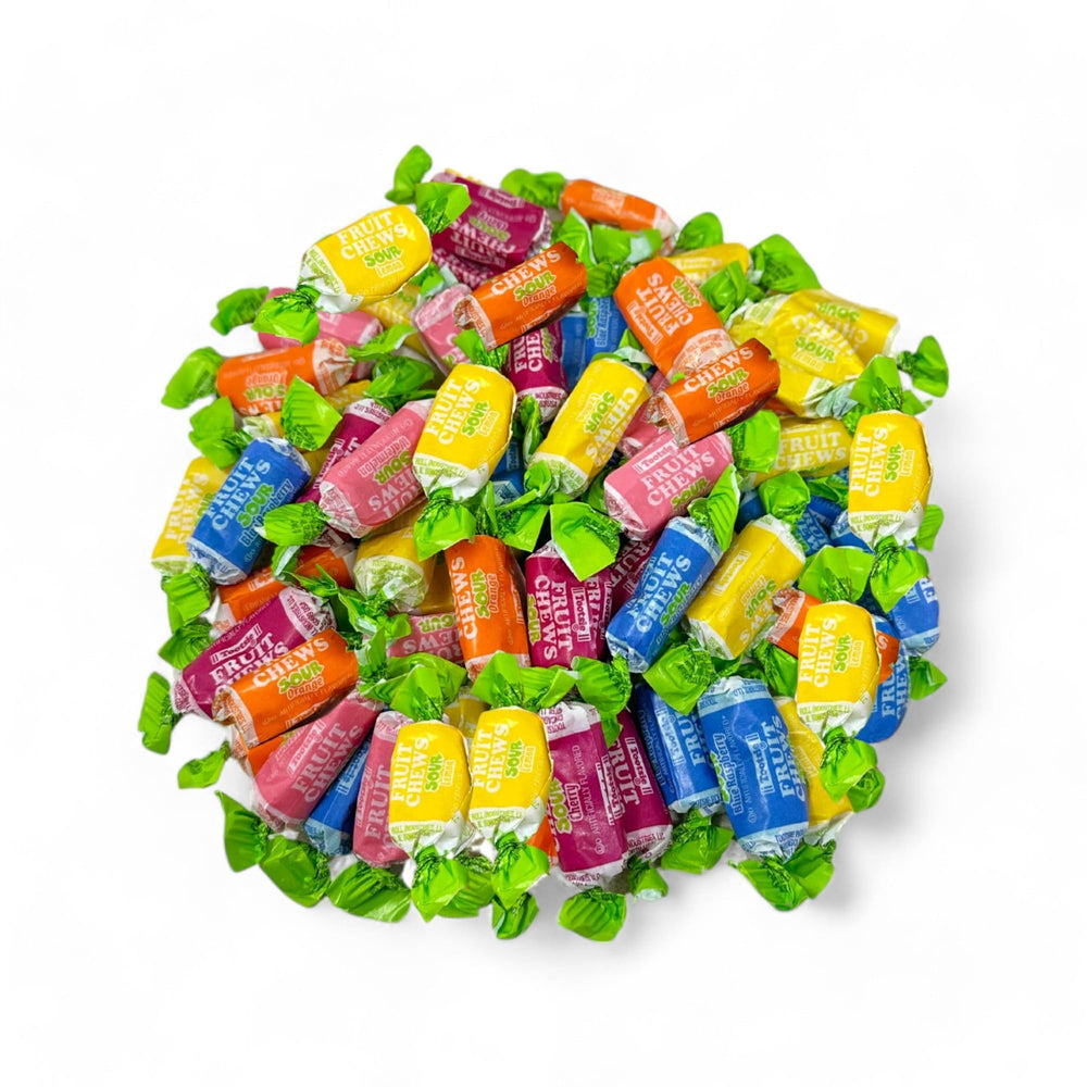 Assortit Sour Fruit Chews resealable bag for easy snacking and storage.
