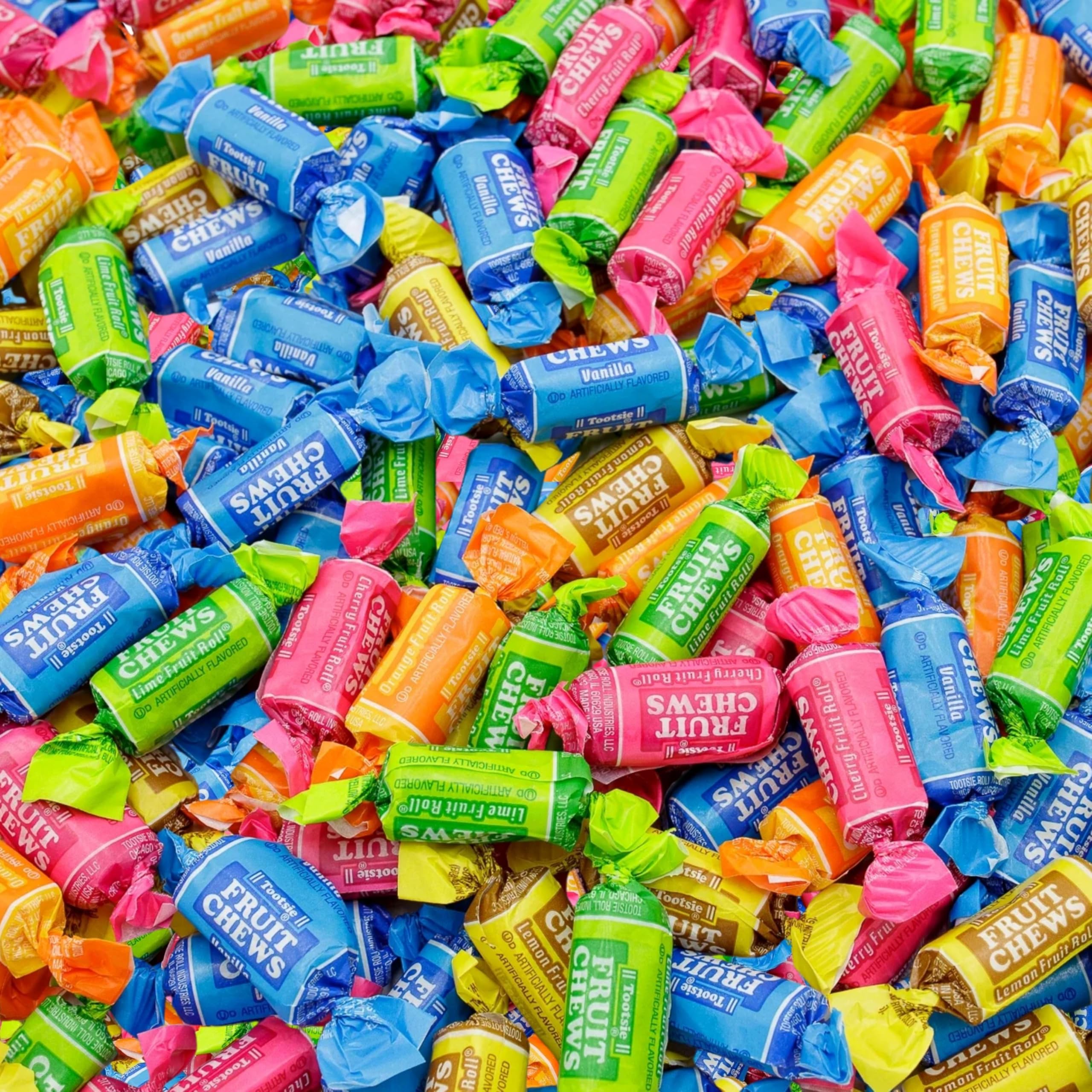 Assortit Tootsie Roll Fruit Chews bag close-up showing colorful five-flavor assortment for parties