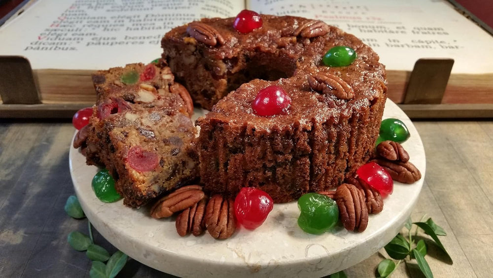 Assumption Abbey fruitcake close-up of dried fruit and nuts, holiday-friendly.