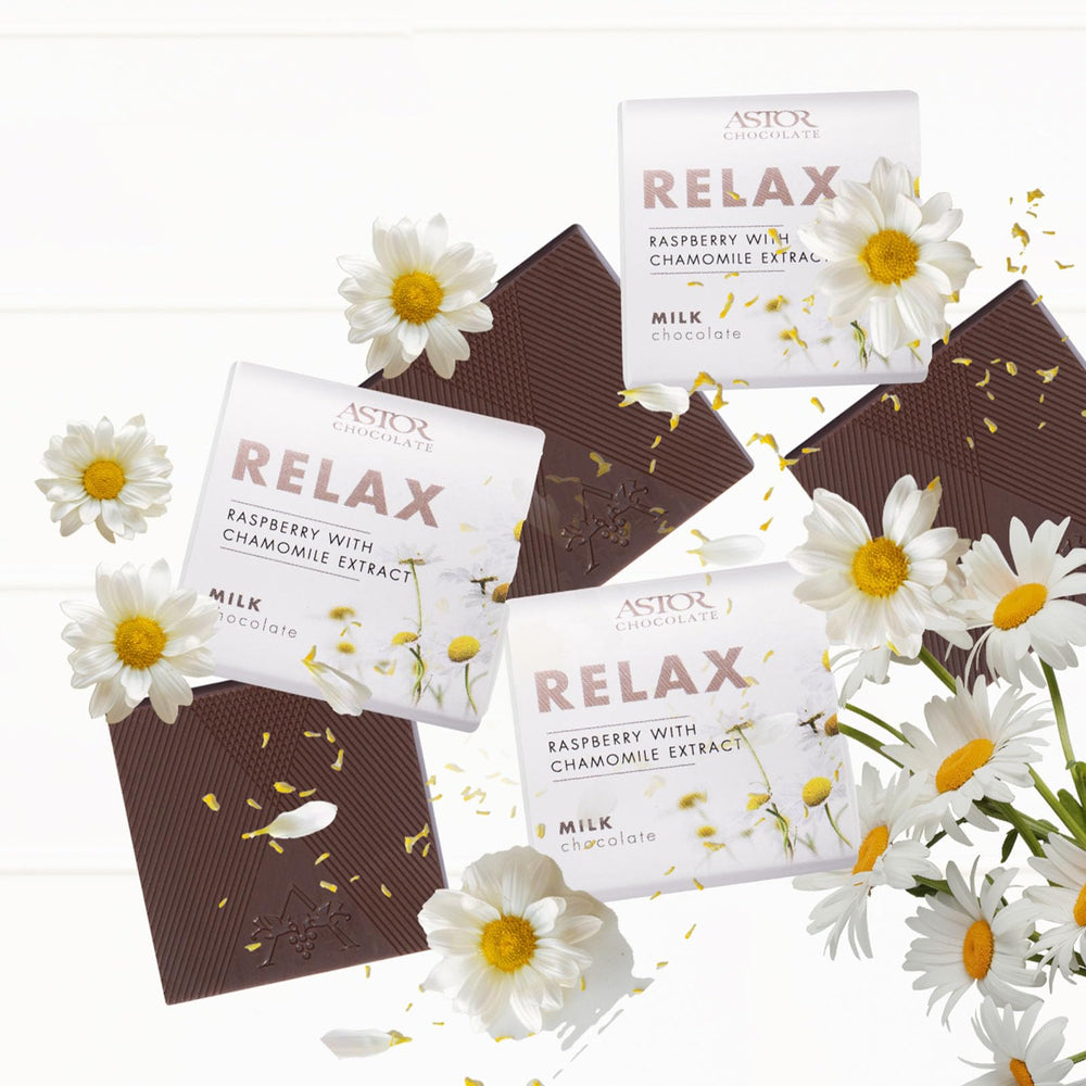 ASTOR Chamomile Raspberry Milk Chocolate tile, highlighting a soothing flavor for a quiet moment.