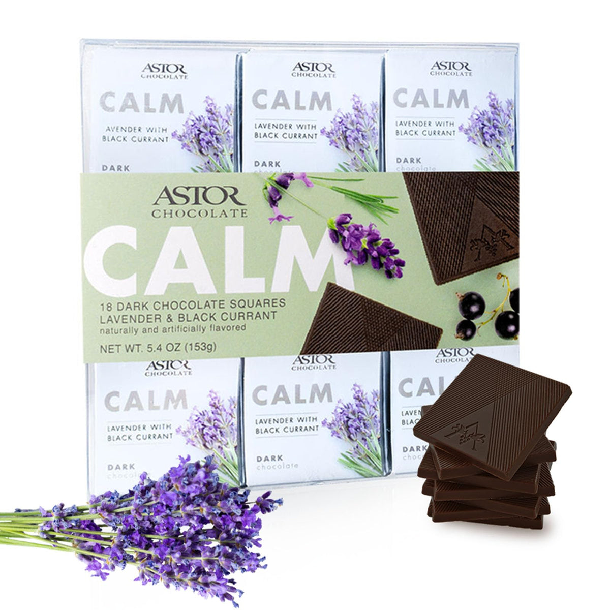 ASTOR Chocolate Calm dark square with lavender and currant, ideal for a relaxing treat.