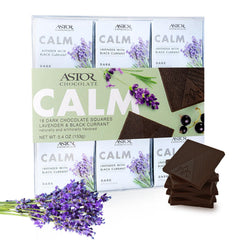 ASTOR Chocolate Calm dark square with lavender and currant, ideal for a relaxing treat.