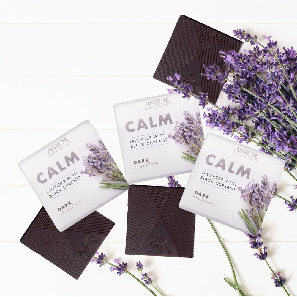 ASTOR Calm lavender aroma close-up, elevating mood with premium Belgian chocolate.