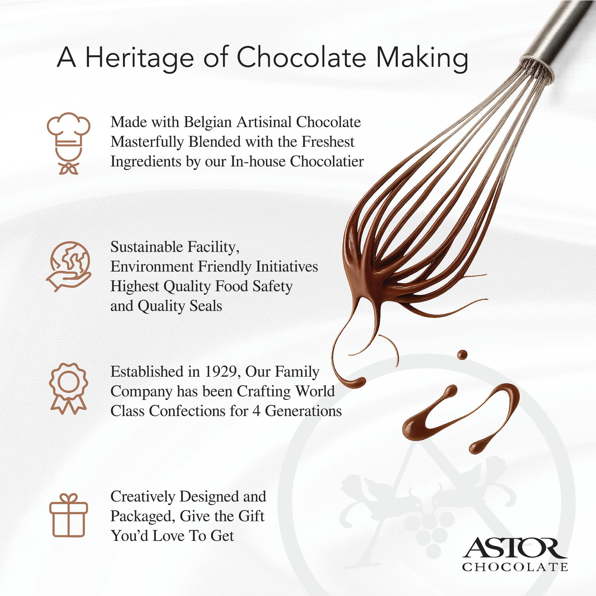 Astor Chocolate handcrafted heritage image, premium Dubai-inspired chocolates with 95 years of expertise