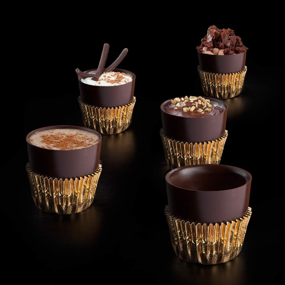 Astor chocolate cups with gold-foil shells ready to fill and serve