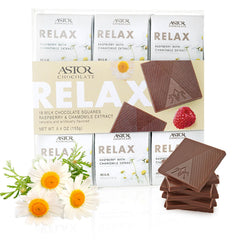 ASTOR Relax Milk Chamomile Raspberry Squares box with 18 mini bars for a soothing treat.