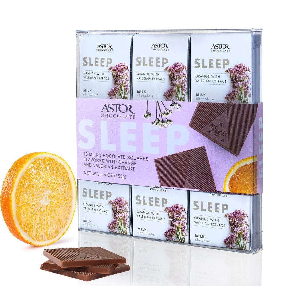 ASTOR sleep chocolate box with orange and valerian squares, gift-ready presentation