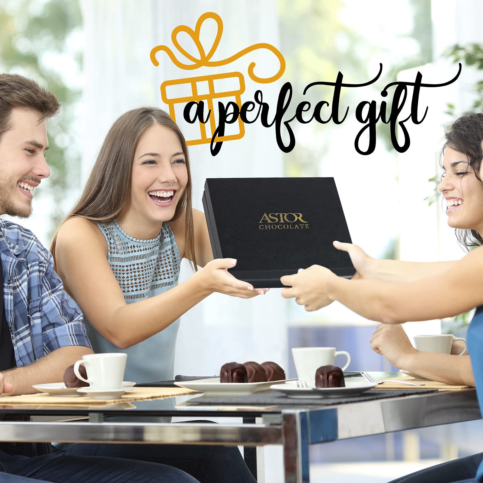 ASTOR gift-ready chocolate box suggests effortless gifting for holidays and occasions.