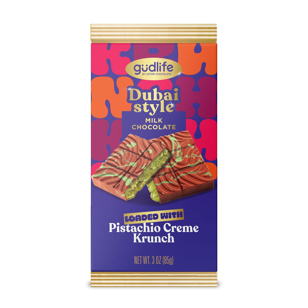 ASTOR Gudlife Dubai-style chocolate bar packaging highlights premium gifting appeal.