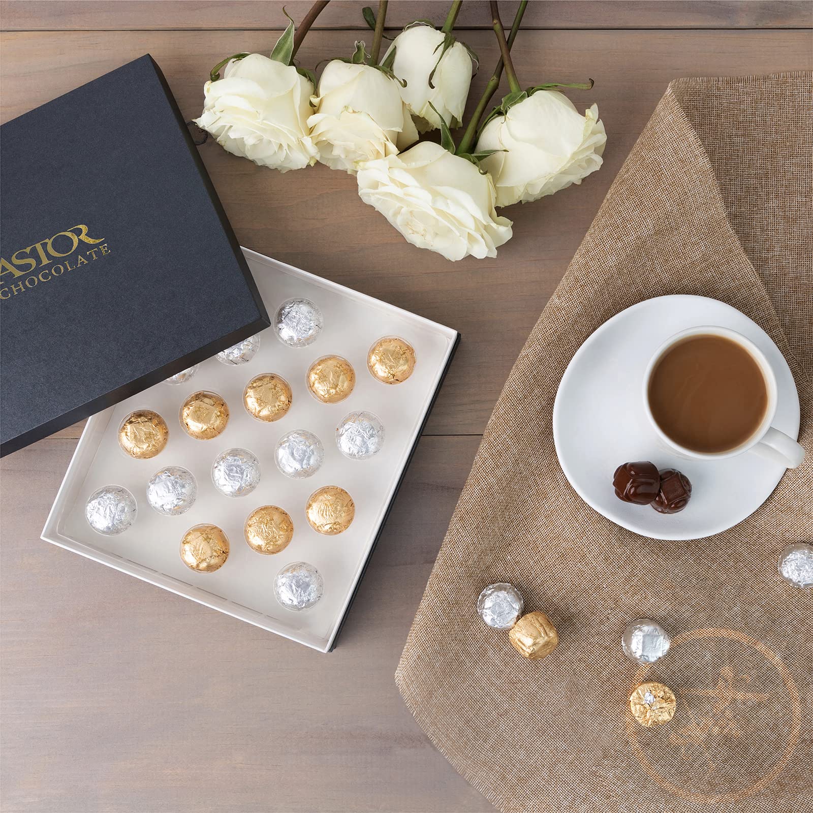 ASTOR luxurious dark chocolate truffles highlight high-quality Belgium chocolate.