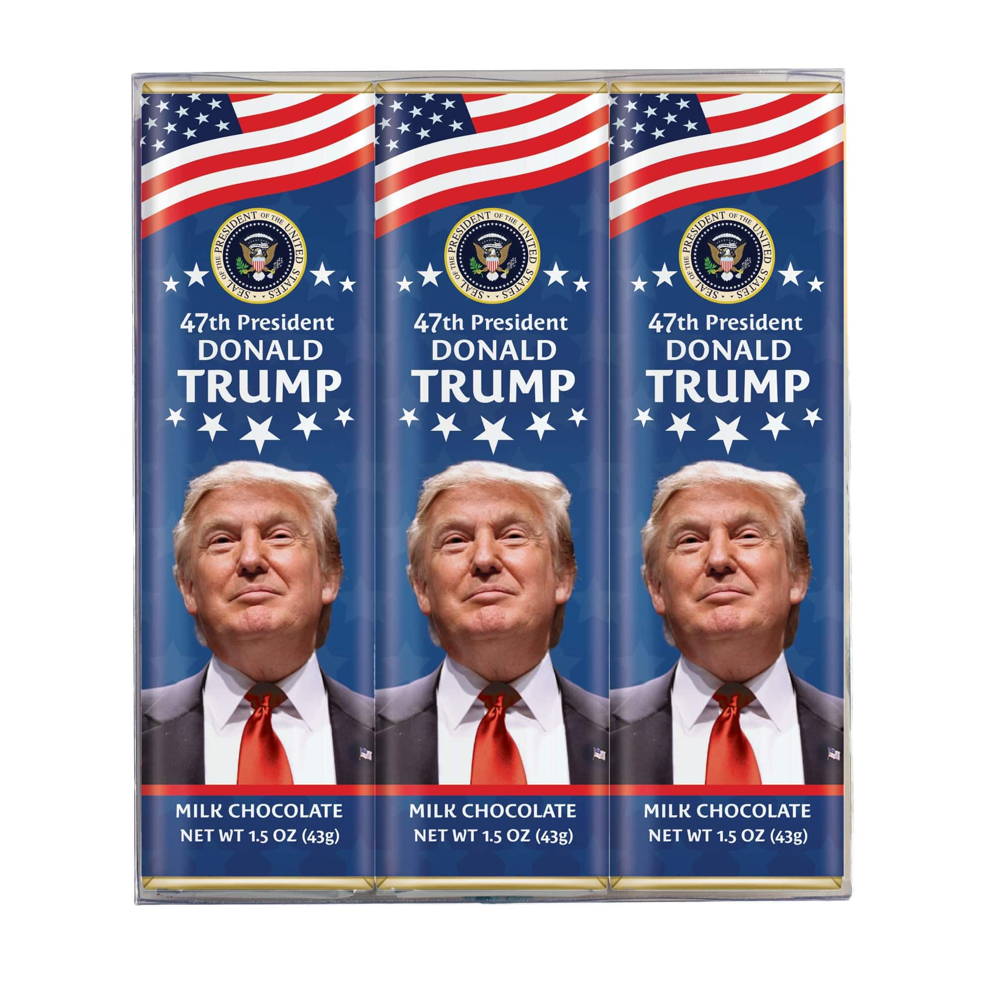 ASTOR President Trump milk chocolate bar 3-pack in hand-wrapped packaging.