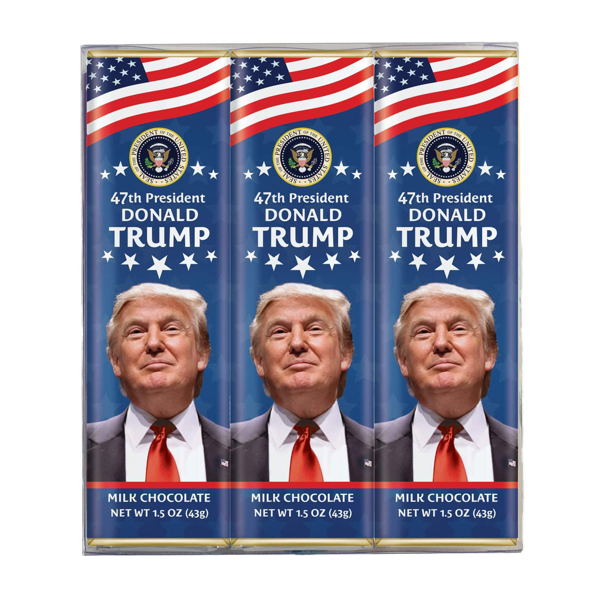 ASTOR President Trump milk chocolate bar 3-pack in hand-wrapped packaging.