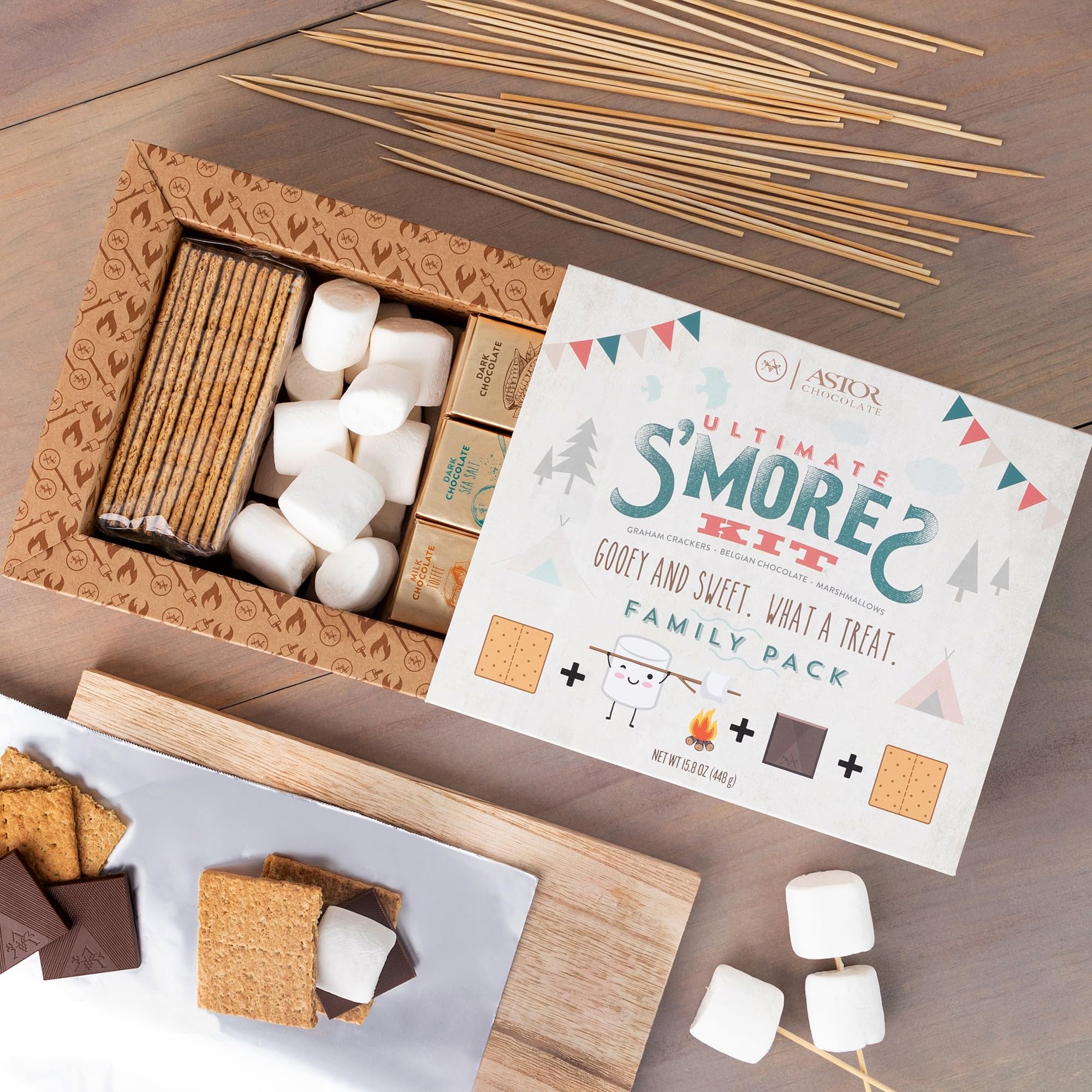 Astor Smores Kit chocolate varieties showcase rich milk, dark, toffee, and sea salt squares.