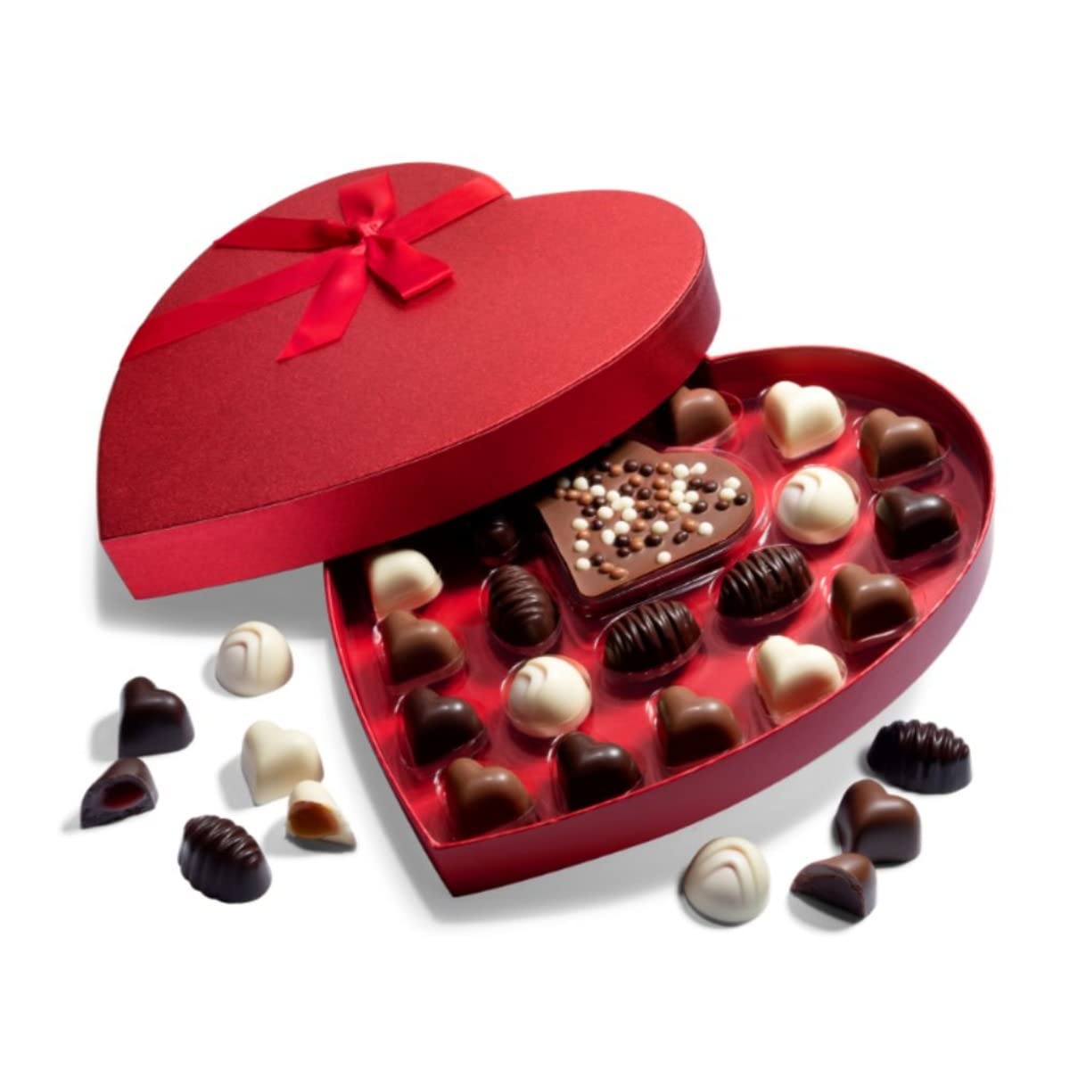 ASTOR valentines chocolate candy heart box with red shimmer, ideal romantic gift