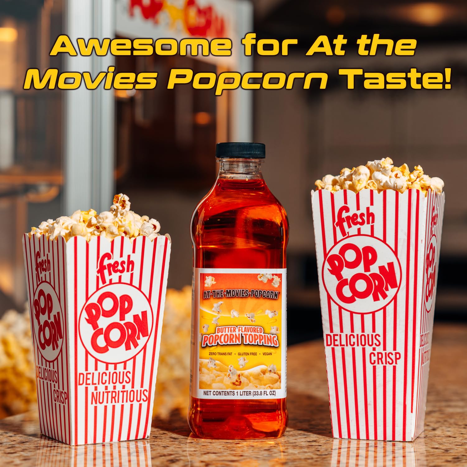 At-The-Movies-Popcorn buttery topping pour-over on popped corn delivers even coverage