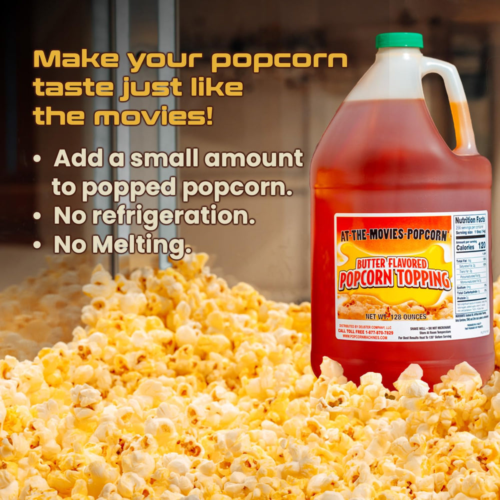 At-The-Movies-Popcorn gallon bottle on shelf ready for easy access.