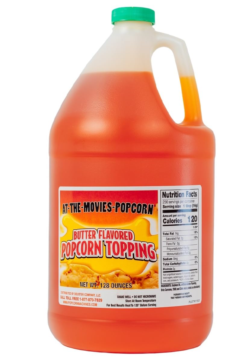 At-The-Movies-Popcorn buttery topping gallon pour for rich flavor on popcorn.