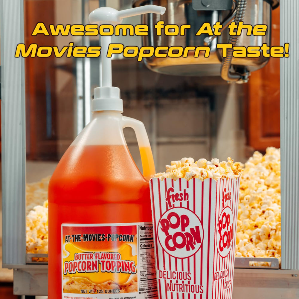 At-The-Movies-Popcorn dispenser pump enabling quick, even topping