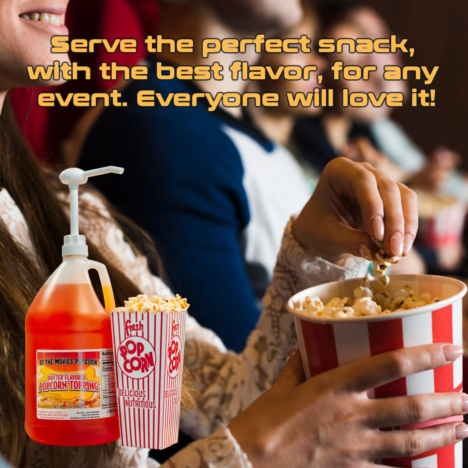 Gallon bottle of At-The-Movies-Popcorn topping ready to use after opening