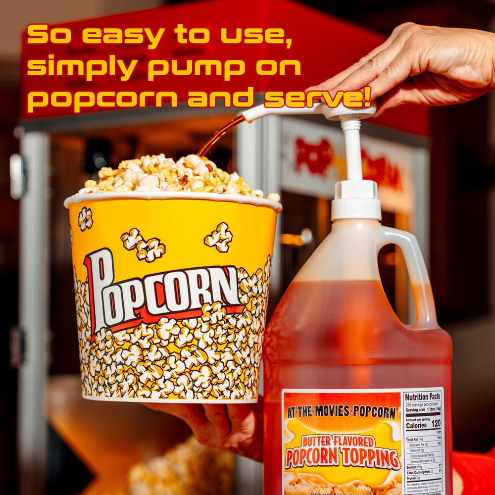 Pouring topping over popcorn during a movie night for flavor enhancement