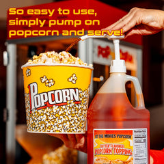 Pouring topping over popcorn during a movie night for flavor enhancement