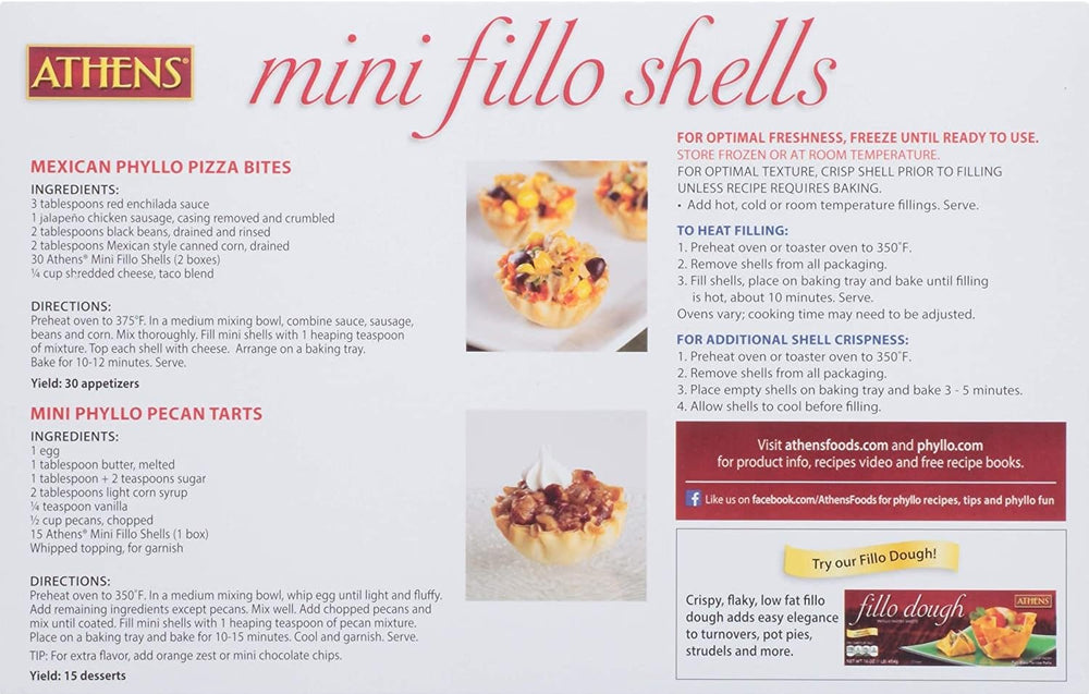 Athens Foods Mini Fillo Shells oven-ready before fill for extra crunch.
