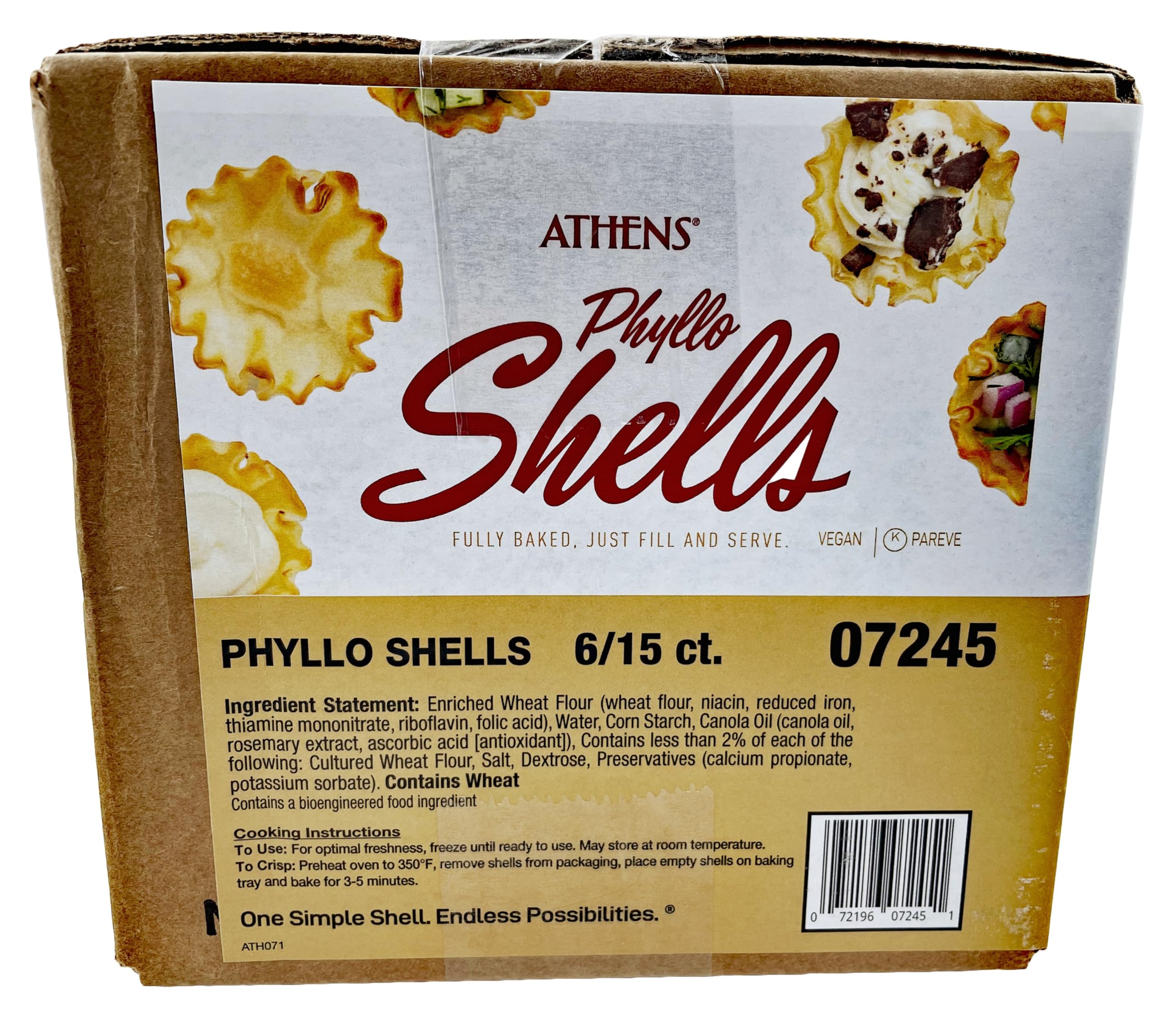 Athens Foods Mini Fillo Shells packaging box, six-box set for versatile hosting.