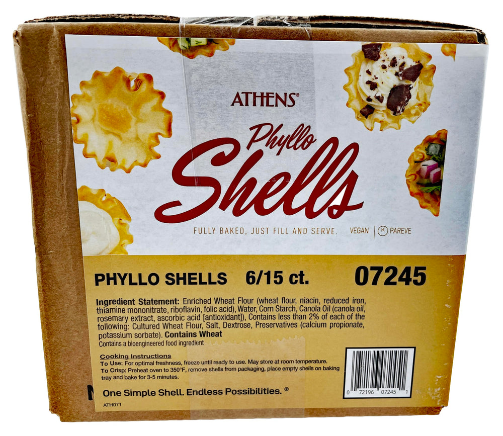 Athens Foods Mini Fillo Shells packaging box, six-box set for versatile hosting.