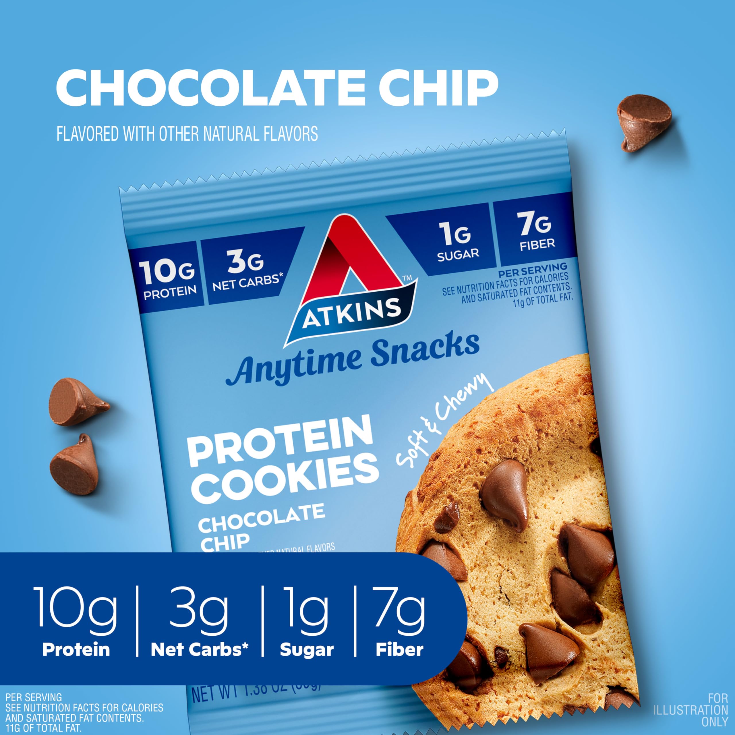 Atkins Chocolate Chip Protein Cookie nutrition label with fiber and low net carbs