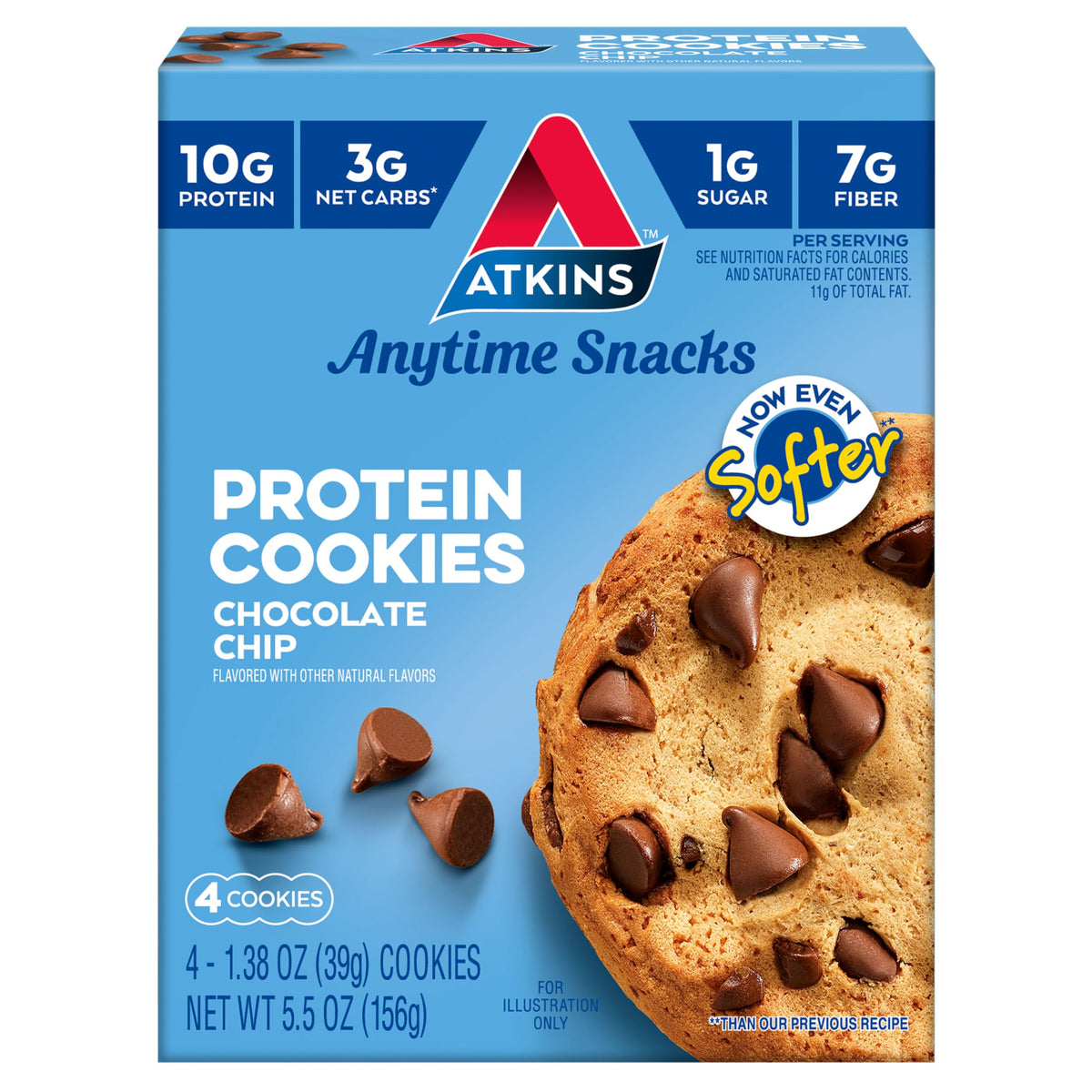Atkins Chocolate Chip Protein Cookie packaging shows keto-friendly treat for on‑the‑go snacking
