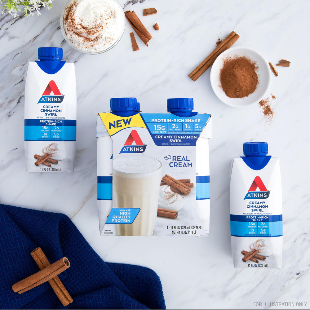 Atkins Creamy Cinnamon Swirl shake used as a quick breakfast idea