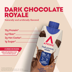 Atkins Dark Chocolate Royale shake glass emphasizes rich flavor and on-the-go fuel
