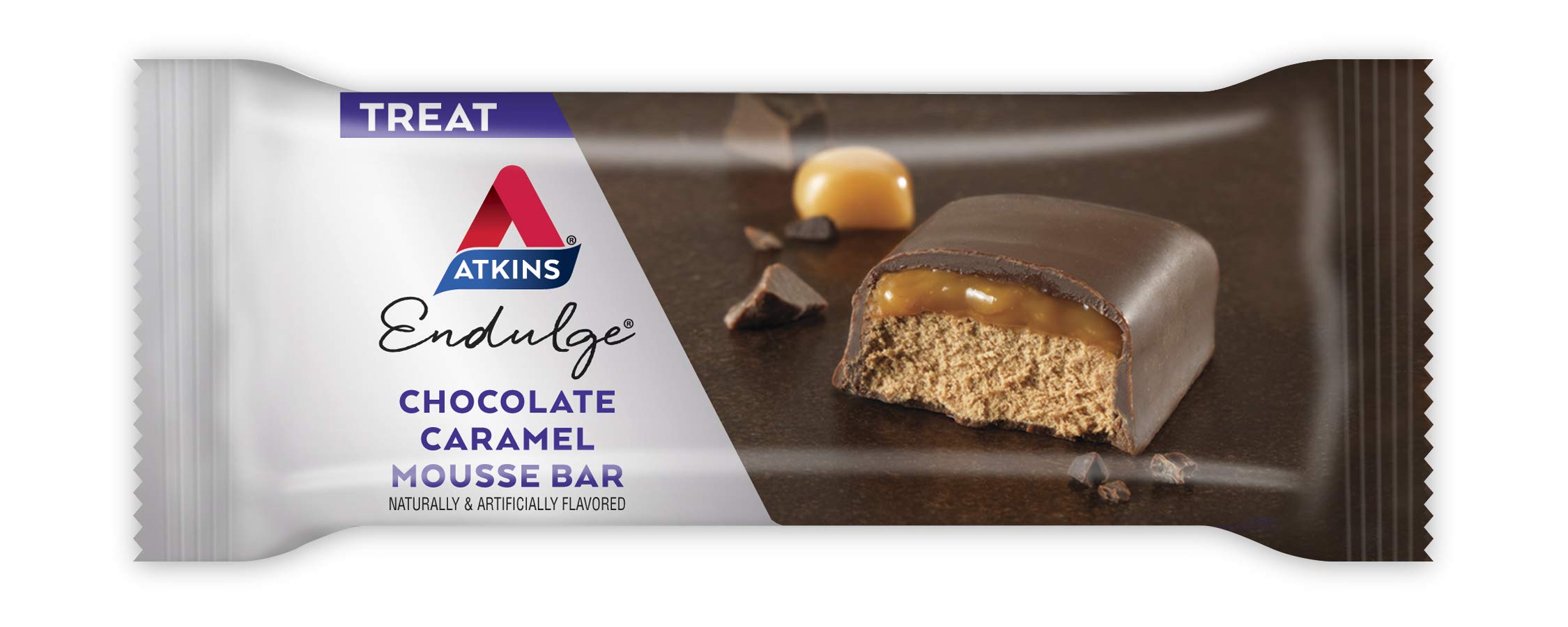 Atkins Endulge chocolate caramel mousse bar interior detail, smooth mousse with caramel swirl