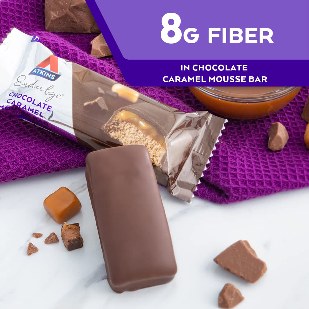 Atkins Endulge nutrition panel, highlights fiber and net carbs per bar