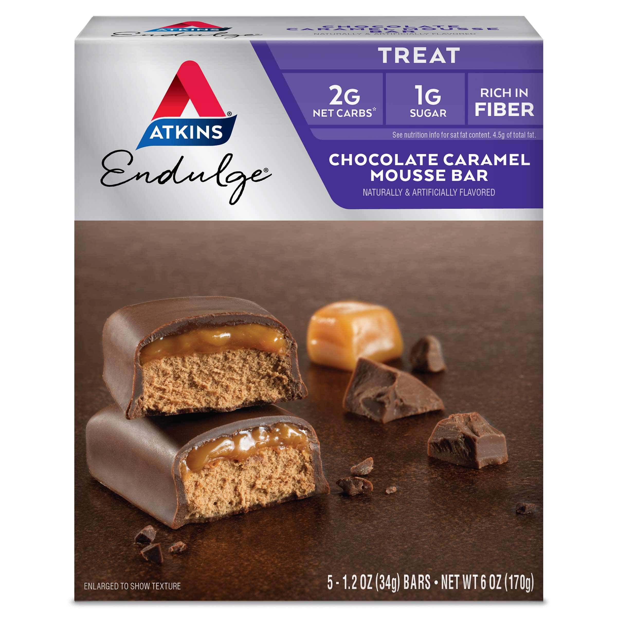 Atkins Endulge chocolate caramel mousse bar packaging, five-bar carton for convenient snacking
