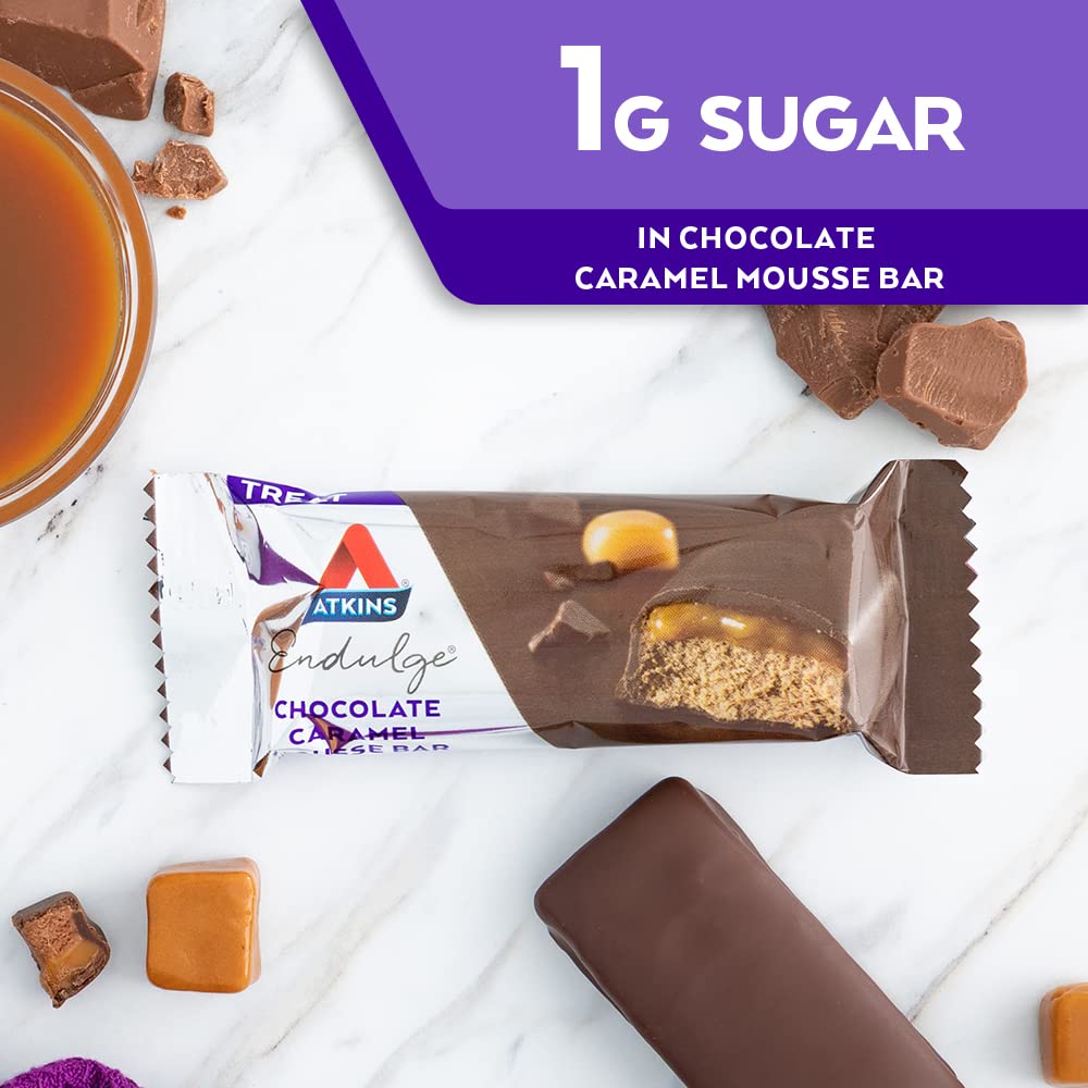 Close-up of Atkins Endulge mousse bar texture, creamy chocolate caramel notes