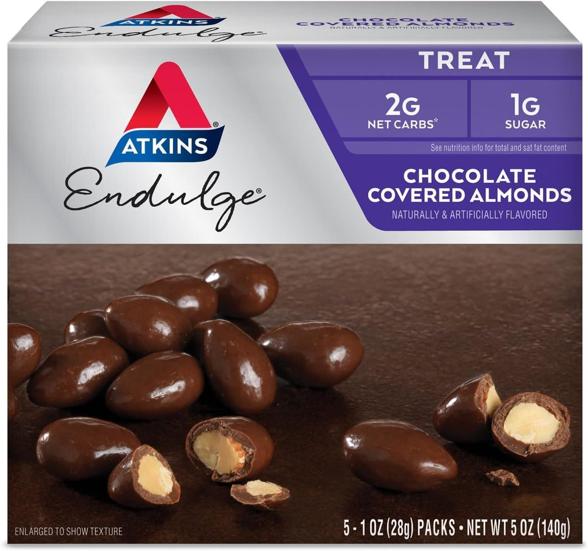 Atkins Endulge chocolate-covered almonds in packaging for easy grab-and-go snacking