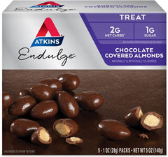 Atkins Endulge chocolate-covered almonds in packaging for easy grab-and-go snacking