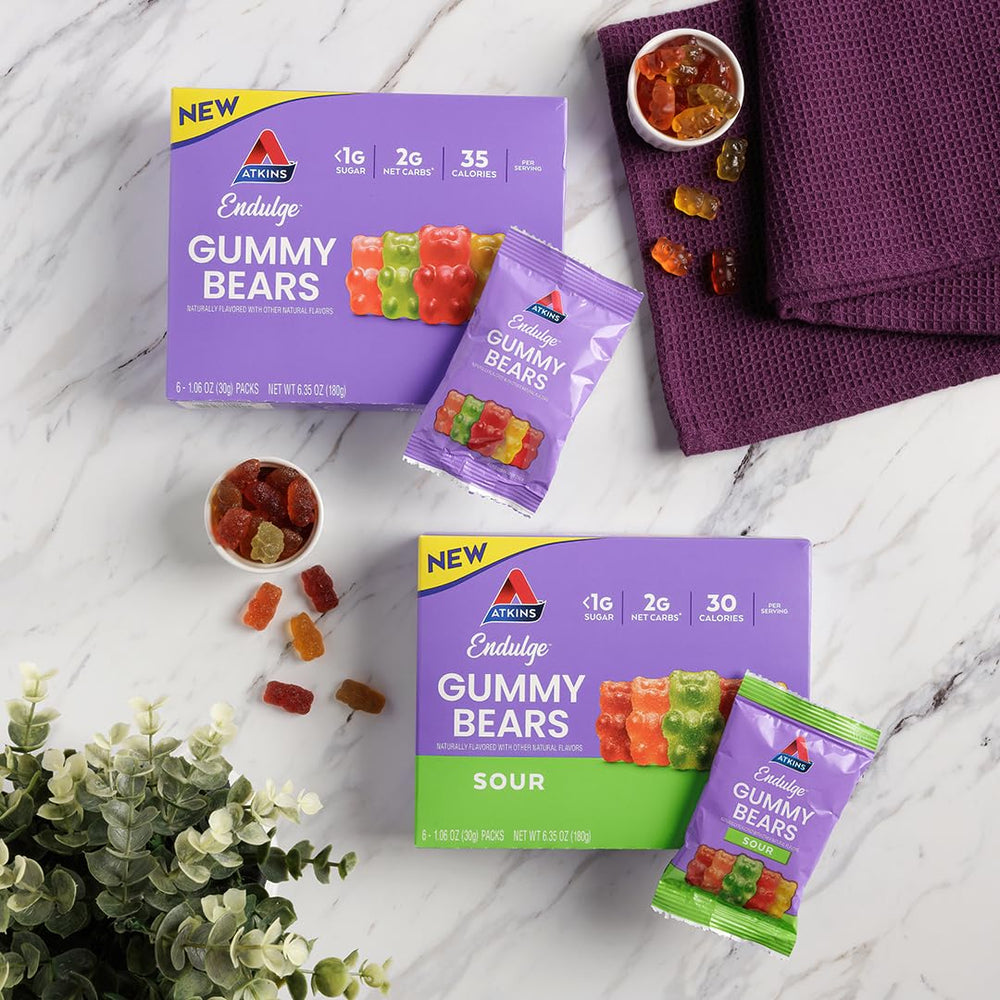 Atkins Endulge Gummy Bears low sugar, 30–35 calories per serving