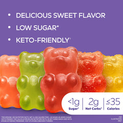 Atkins Endulge Gummy Bears Sour pack on shelf, tasty low-sugar choice