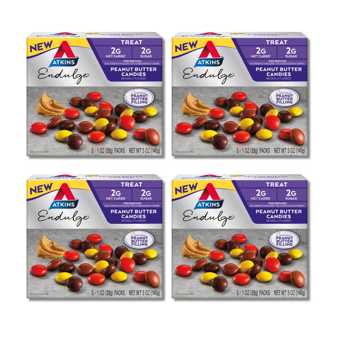Atkins Endulge Peanut Butter Candies packaging with six-carton display for easy stocking