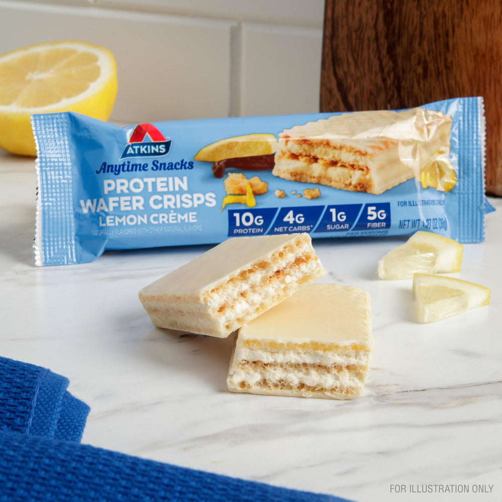 Atkins Lemon Creme wafer crisps ingredient visual, wholesome components for flavor.