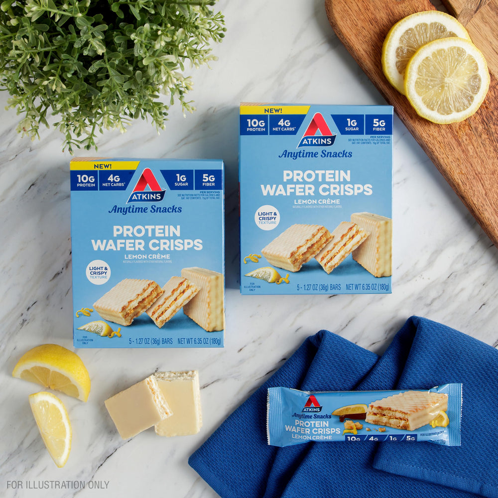 Atkins Lemon Creme wafer crisps nutrition panel, 10g protein and low net carbs.