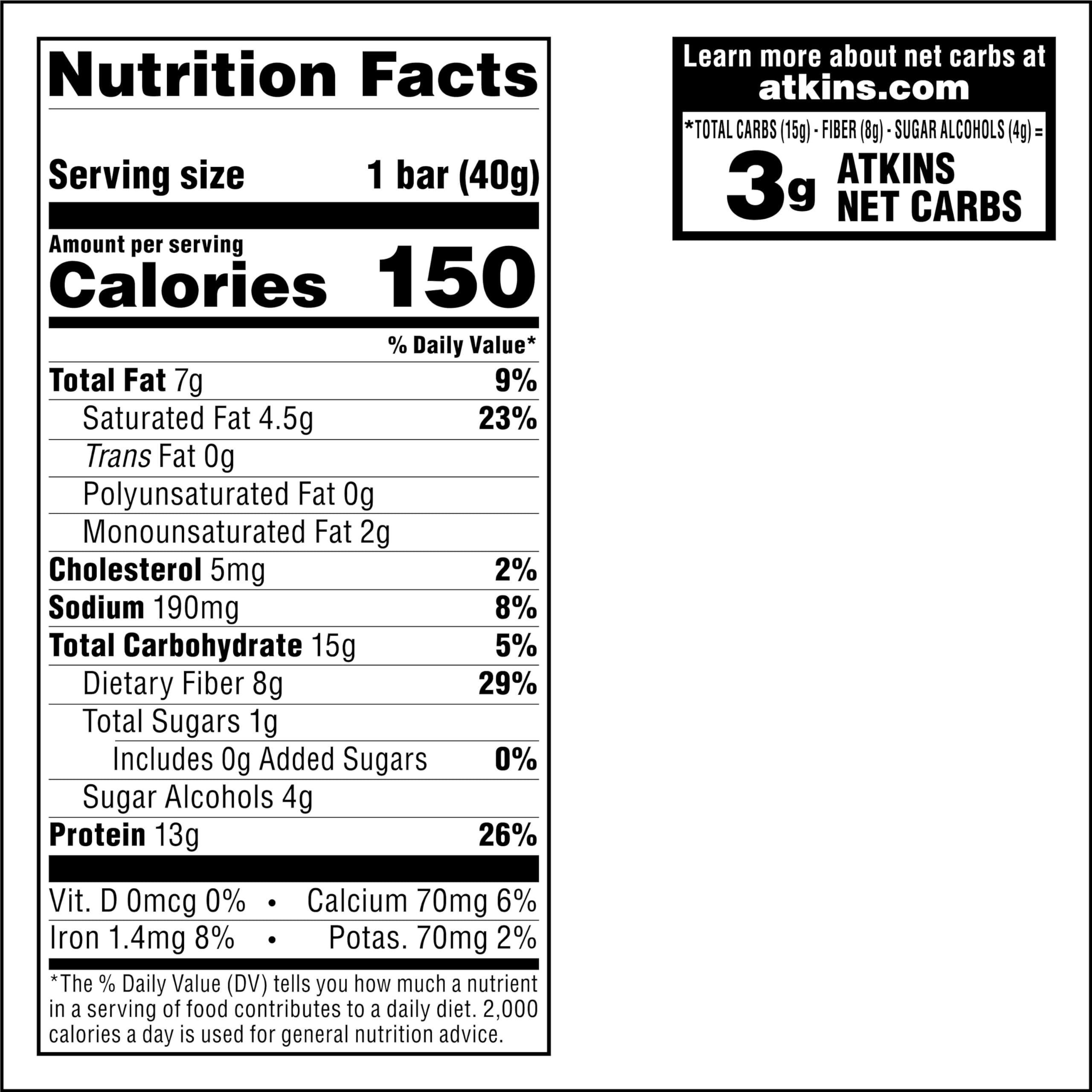 Atkins Lemon Snack Bar nutrition panel shows 13g protein and low net carbs