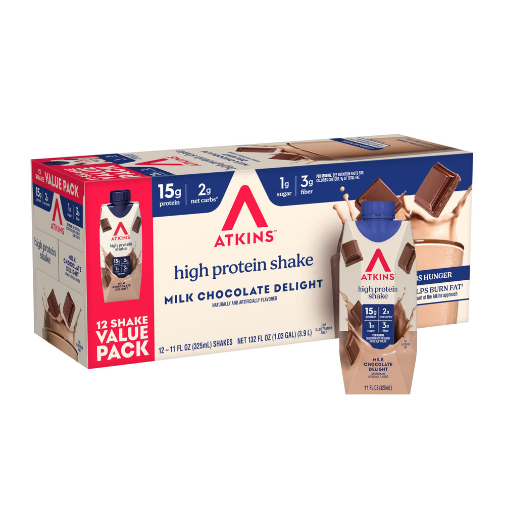 Atkins Milk Chocolate Delight shake bottle pour highlights low-sugar protein