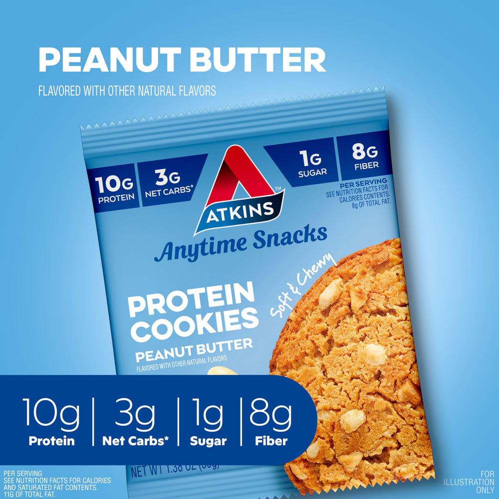 Atkins cookie beside gym bag for quick post-workout fueling.