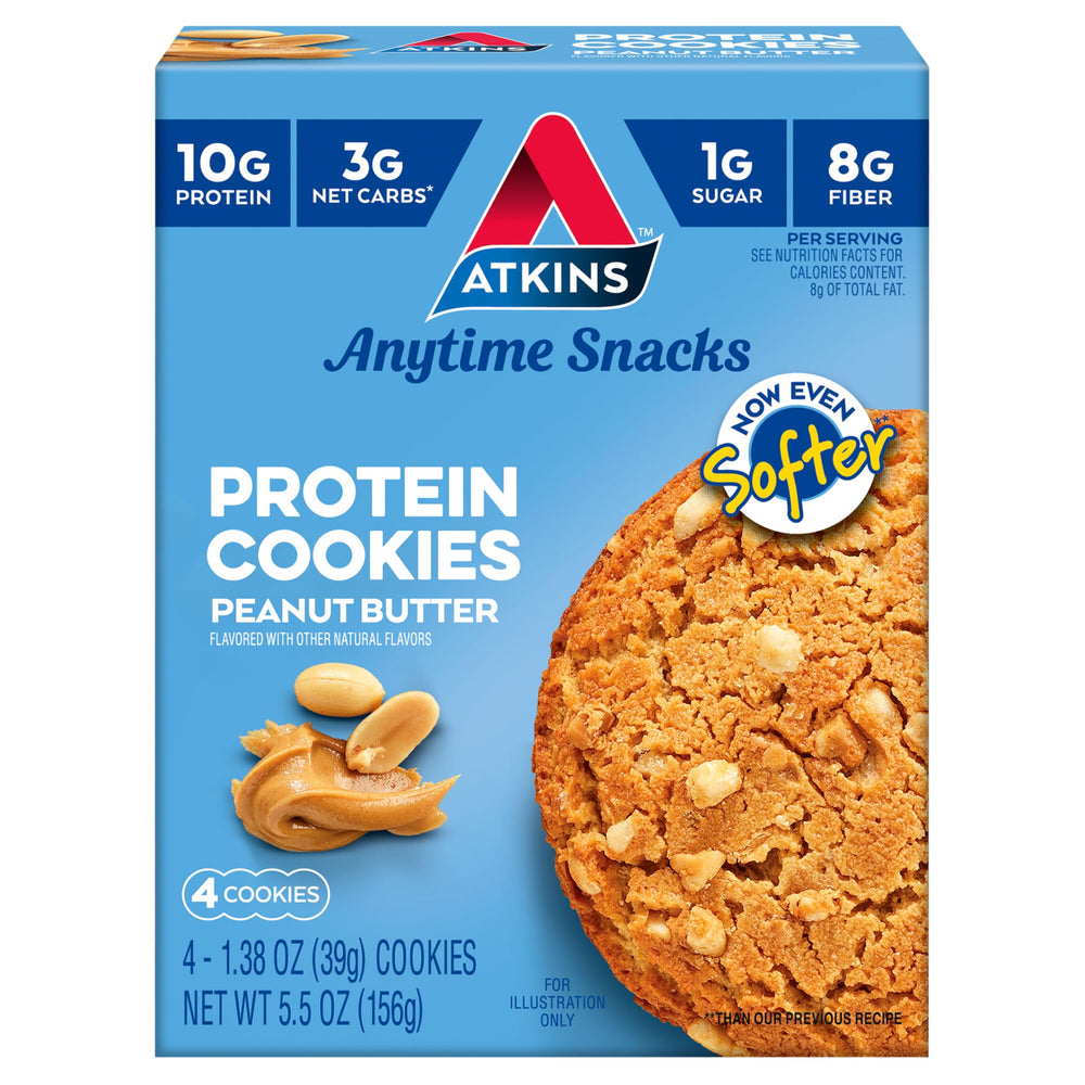 Atkins Peanut Butter High Protein Cookie packaging highlights keto-friendly snack option.