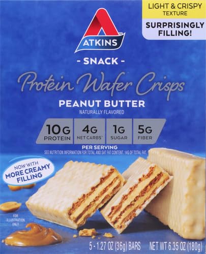 Atkins Peanut Butter Protein Wafer Crisps 5-count carton illustration.