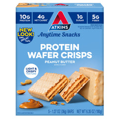 Atkins Peanut Butter Protein Wafer Crisps in 5-count carton for on-the-go snacking.