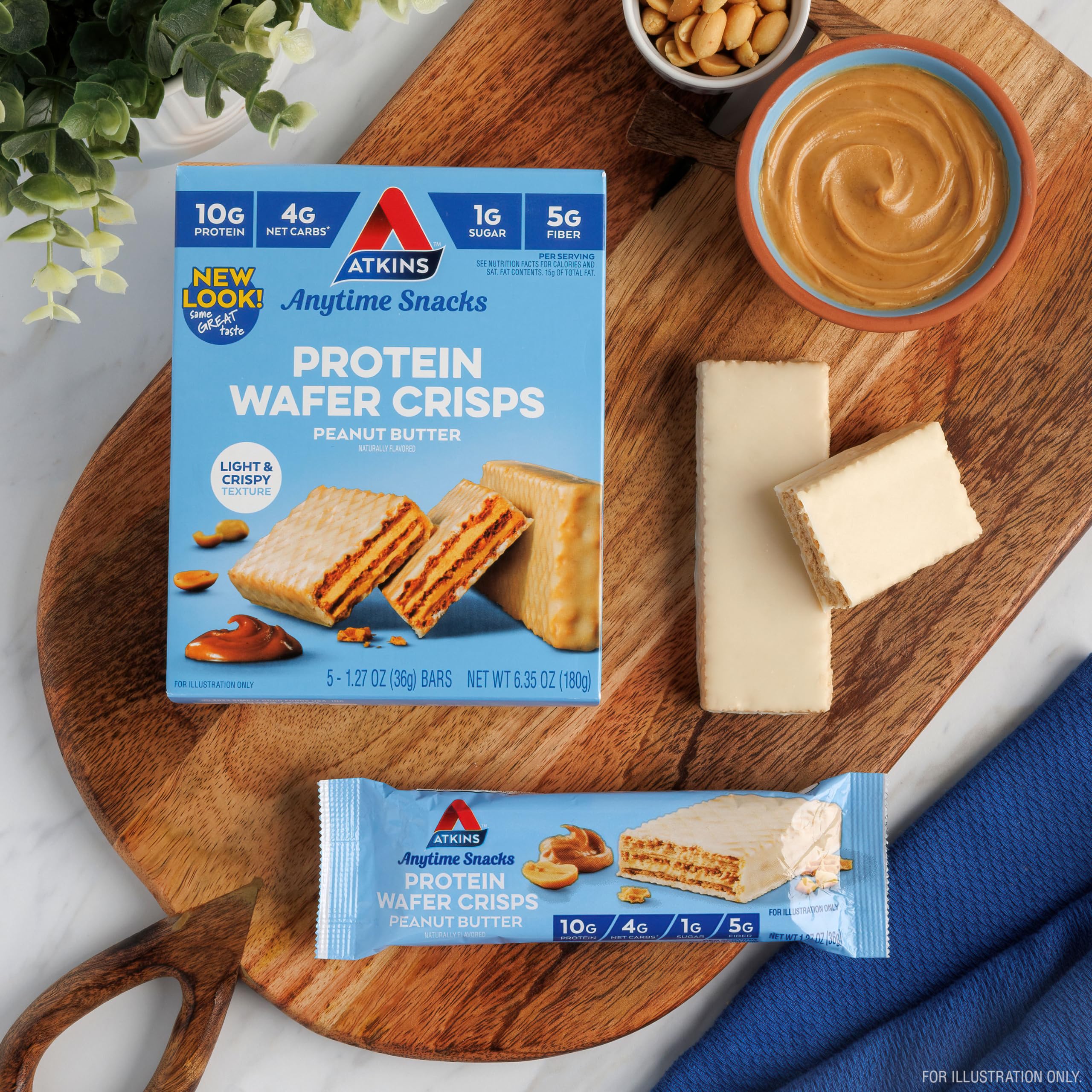 Atkins Peanut Butter Protein Wafer Crisps travel-friendly packaging.